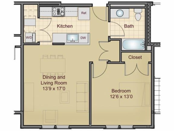Taymil Burnham 1 Bedroom 1 Bathroom Floor Plan